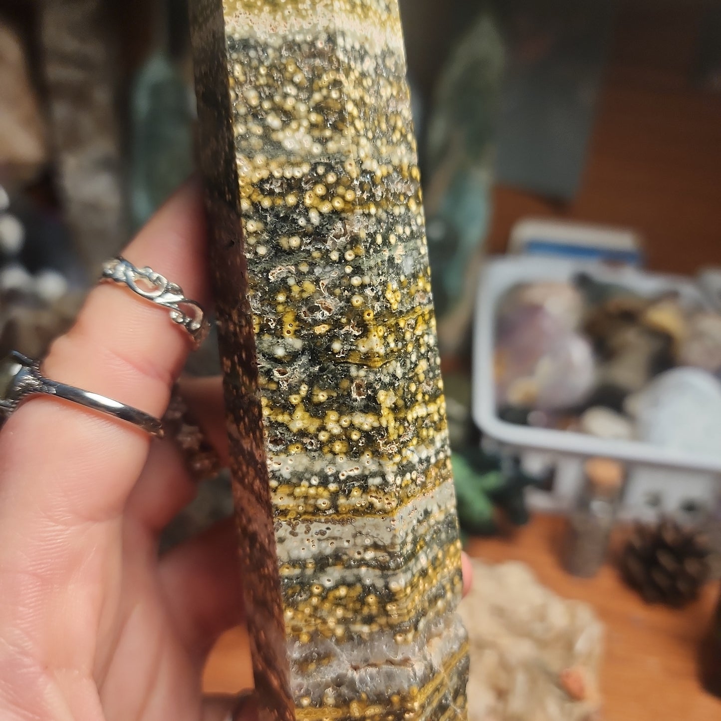 Orbicular Ocean Jasper tower with druzy