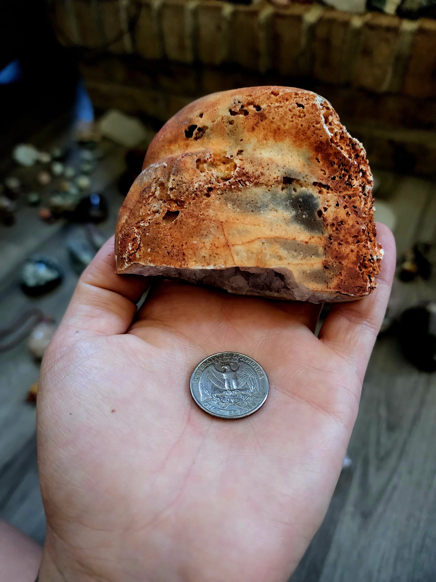 Large open quartz geode with suprise
