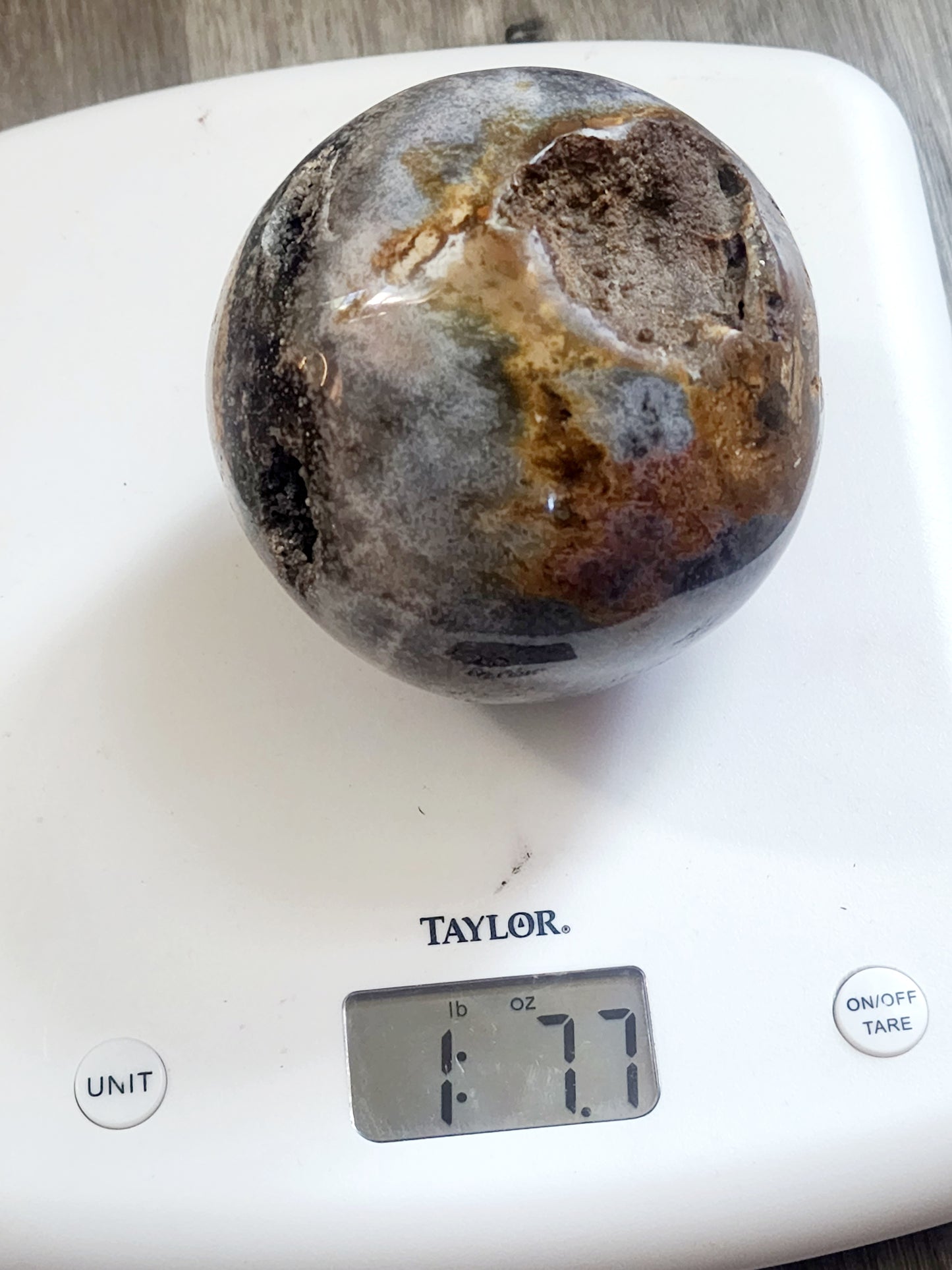 Large druzy ocean jasper sphere