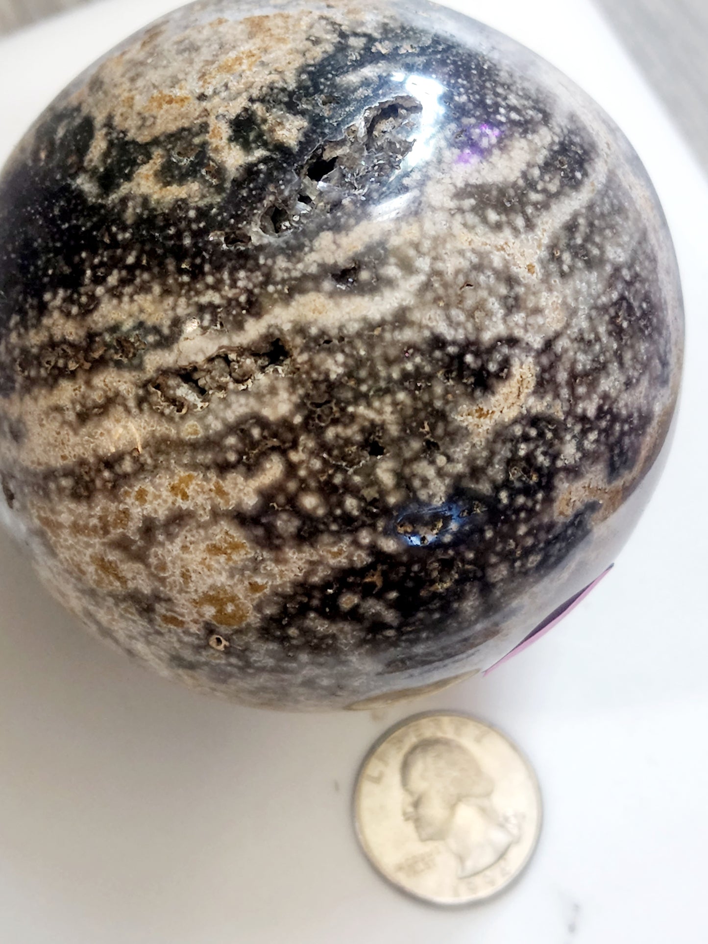 Large druzy ocean jasper sphere