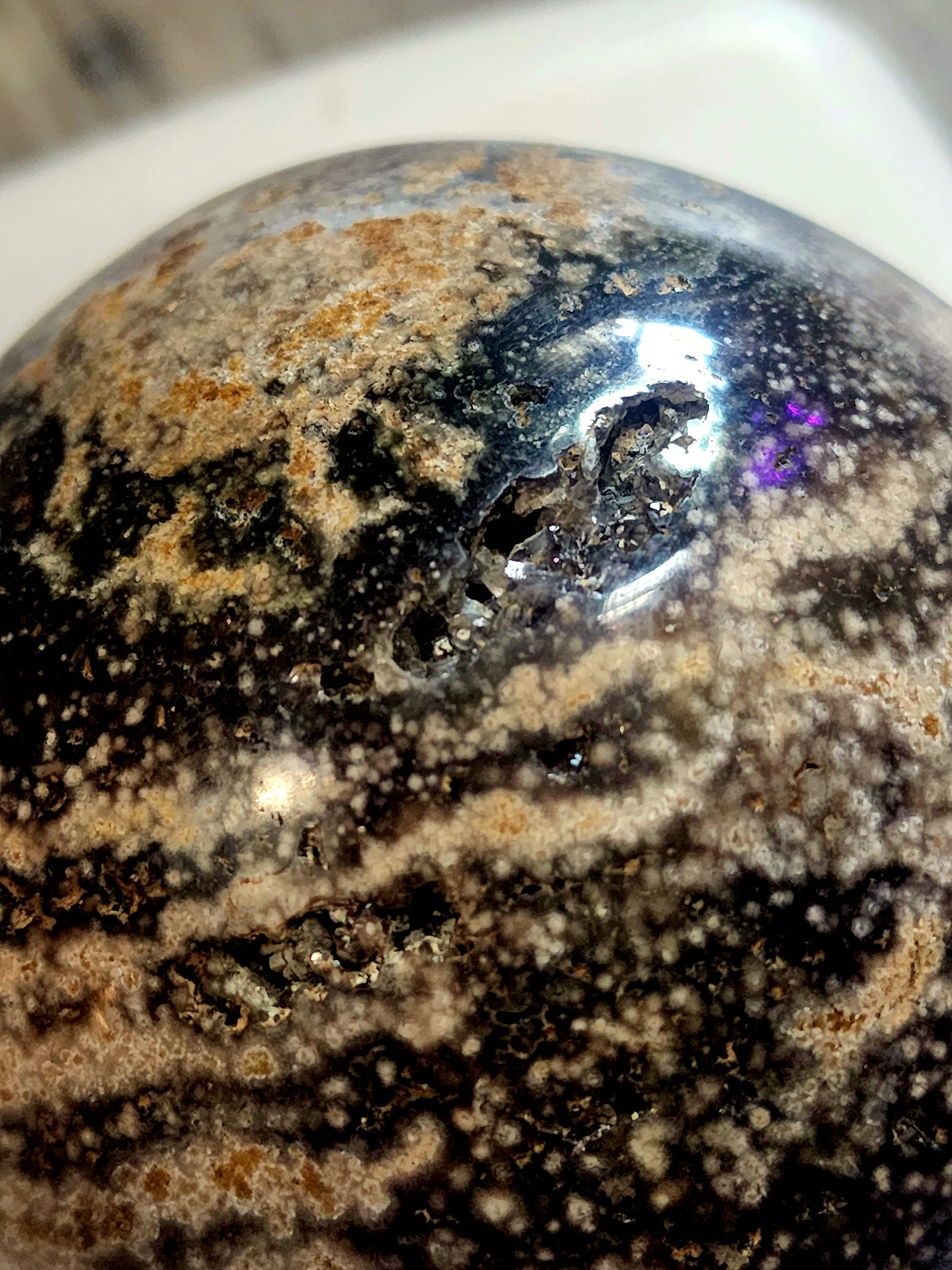 Large druzy ocean jasper sphere