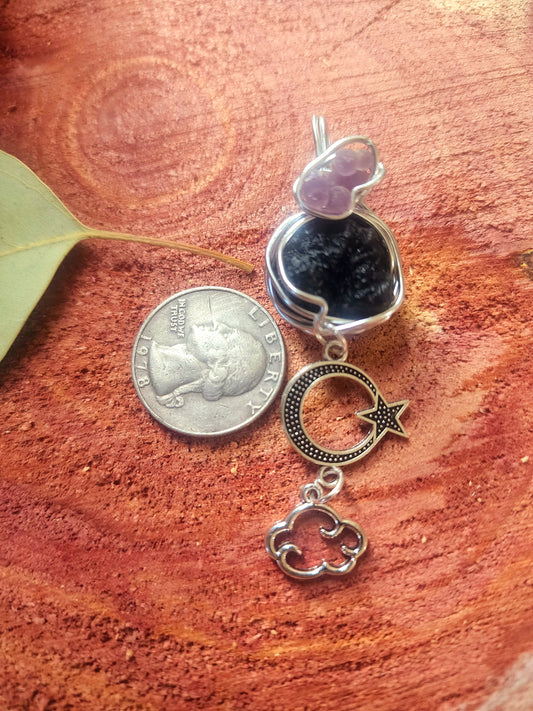 Moldavite and grape agate pendant