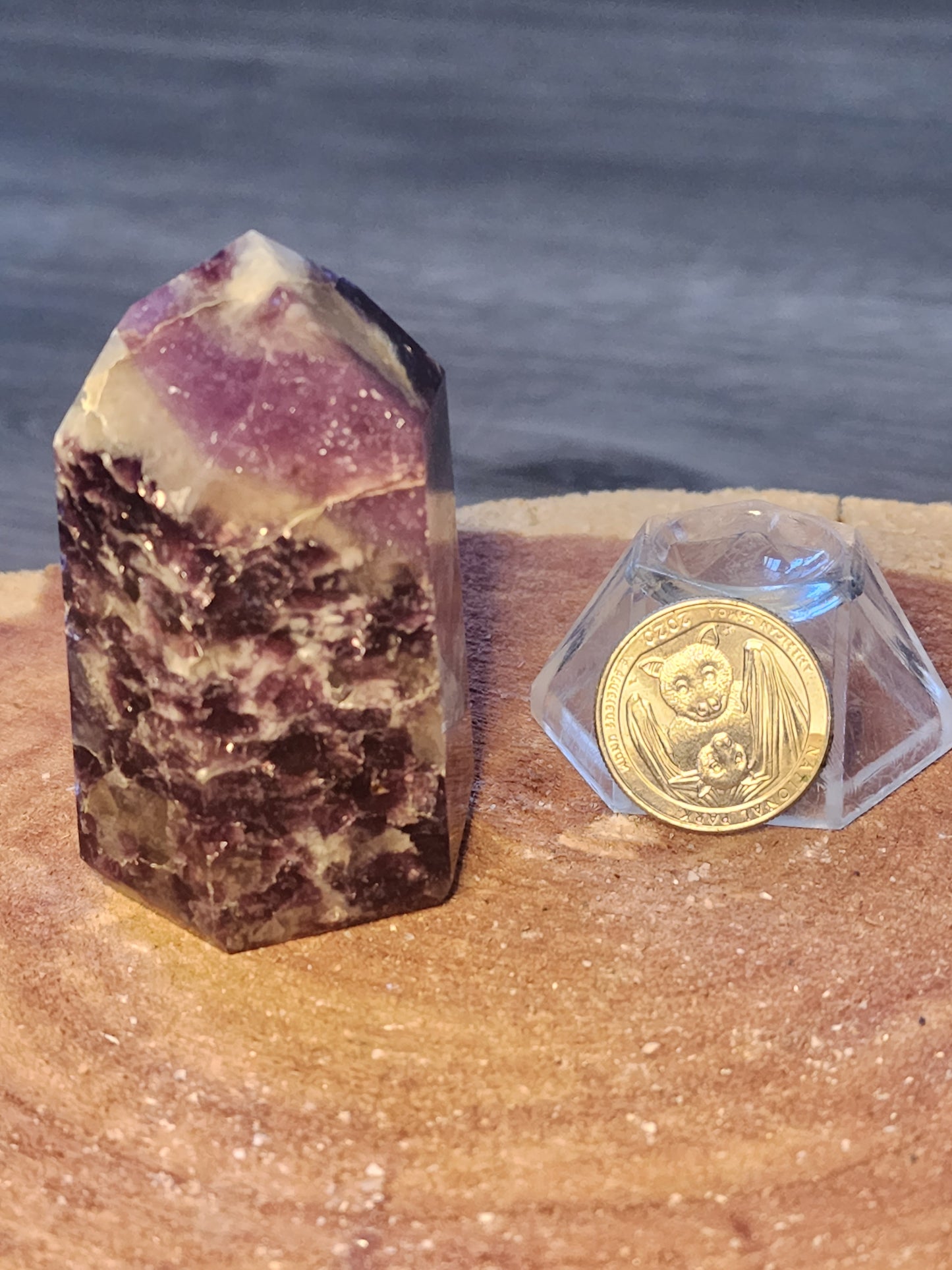 Lepidolite with smokey quartz tower