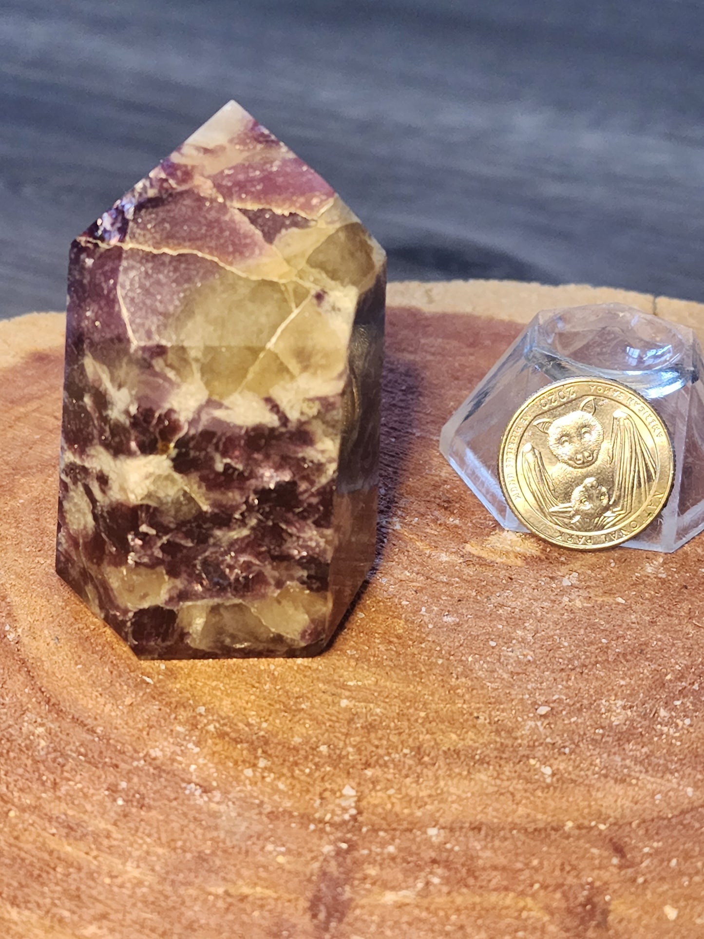 Lepidolite with smokey quartz tower