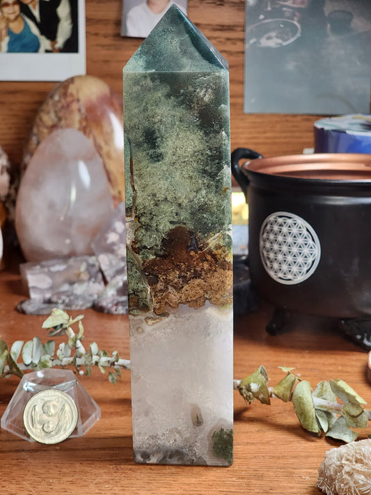 Large Moss agate tower