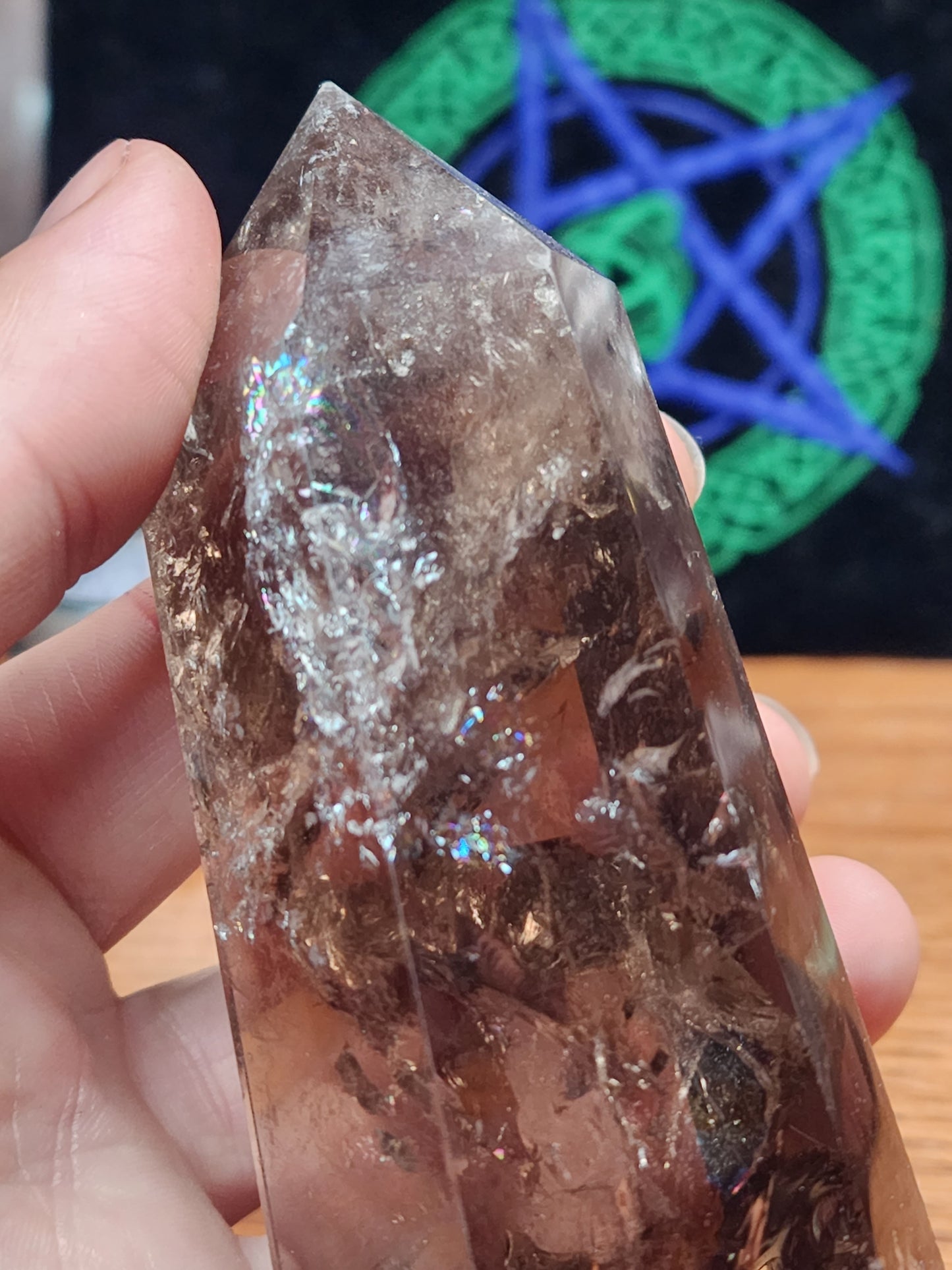 Smokey quartz tower with massive rainbows