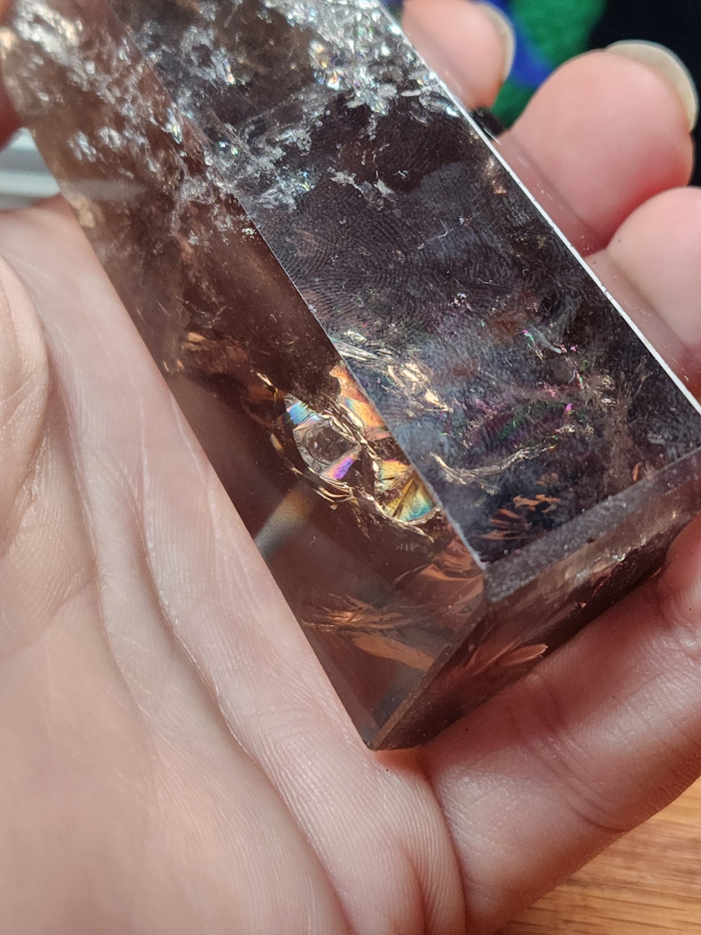 Smokey quartz tower with massive rainbows