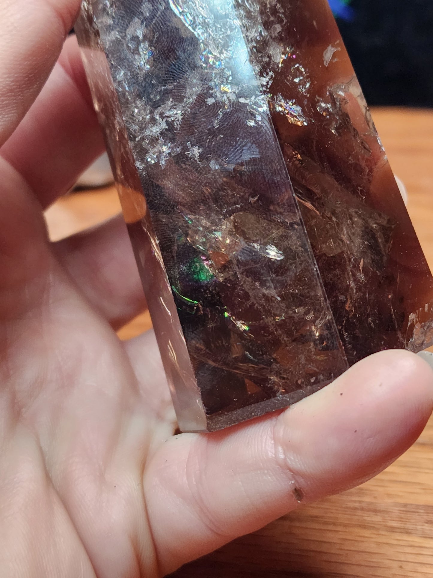 Smokey quartz tower with massive rainbows