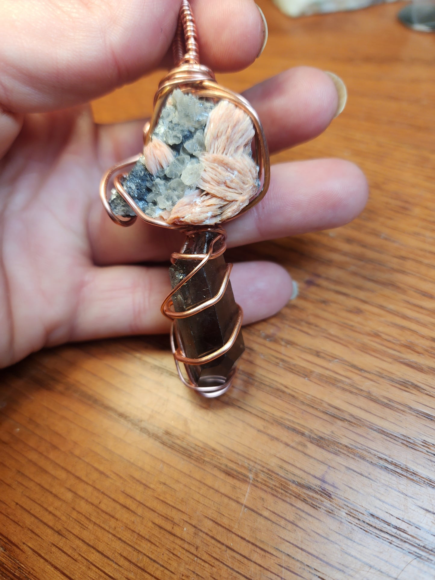 Beautiful barite cerrusite and galena necklace with smokey quartz!!