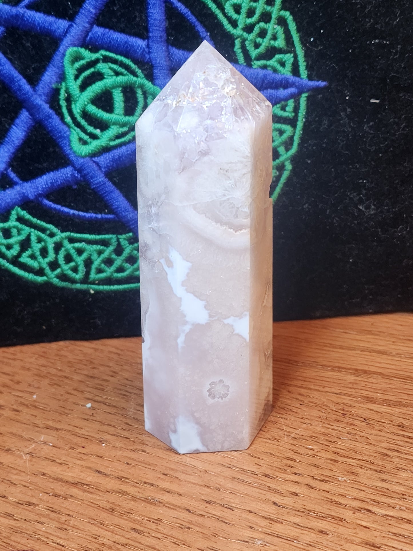 Pink amethyst with flower agate tower