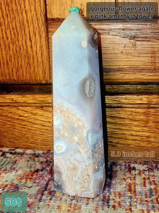 Flower agate x pink amethyst large tower