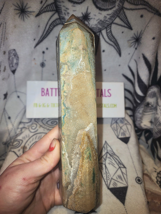 Large Ocean Jasper x Quartz Druzy tower