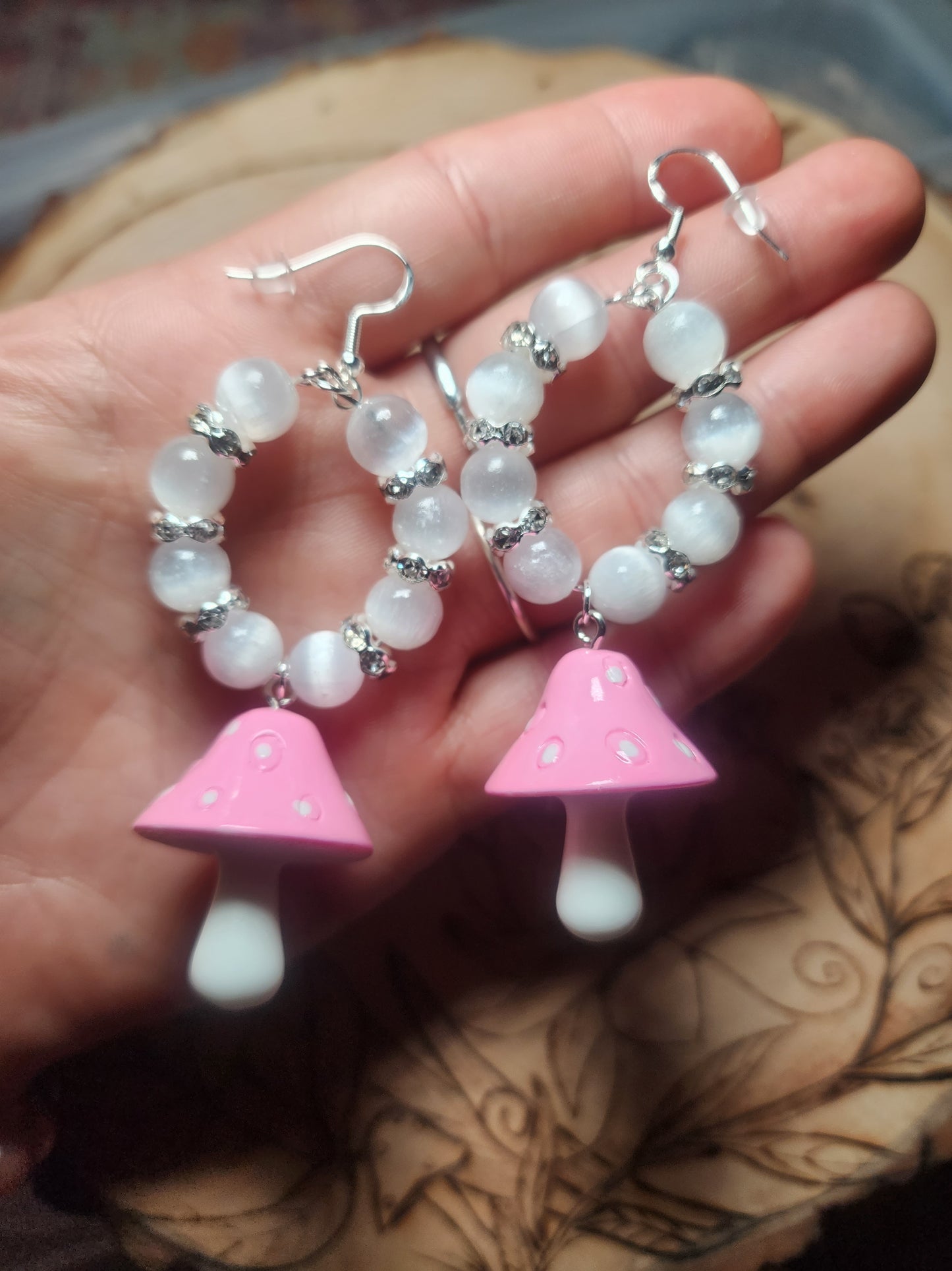 Satin Spar (selenite) Mushroom Hoop Earrings