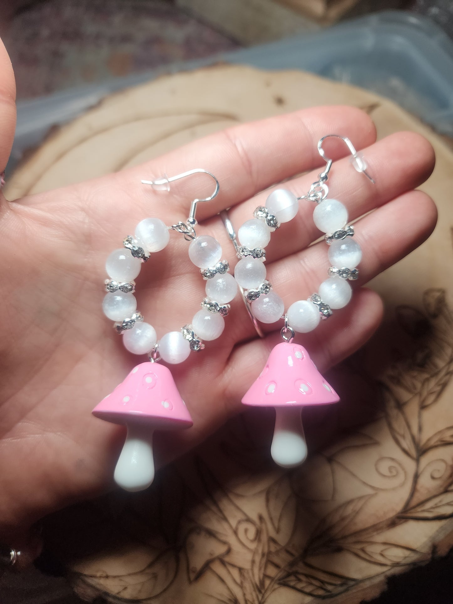 Satin Spar (selenite) Mushroom Hoop Earrings